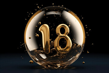 Gold Number 18 in a Clear Ice Bubble with a black background created with Generative AI Technology