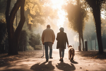 Walking old man and senior woman with dog. Outdoor morning walk together. Generative AI content