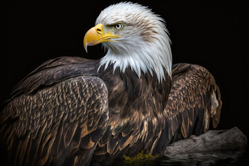 Fototapeta premium Close-up portrait of bald eagle on black background. Generative AI
