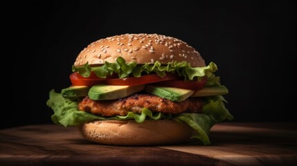 vegan burger with avocado, lettuce and tomato on a whole wheat bun