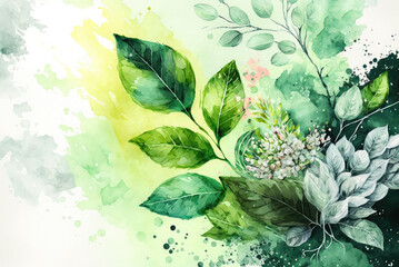 Spring floral watercolor green illustration on light background with flowers and leaves on branches. AI generative.