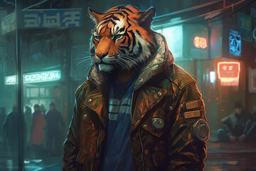 Fototapeta na wymiar Tiger in a man's jacket on the background of the night city Created with generative Ai