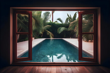 Window view of tropical garden with swimming pool, Generative AI 1