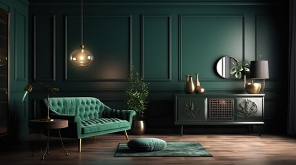 Dark green home interior with old retro furniture. Generative Ai