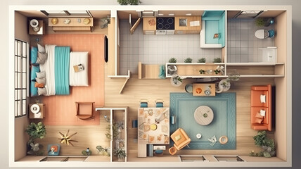 Floor plan of a house top view 3D illustration. Generative Ai