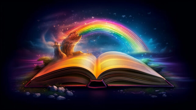 An open magic book with a magic rainbow. Generative AI.