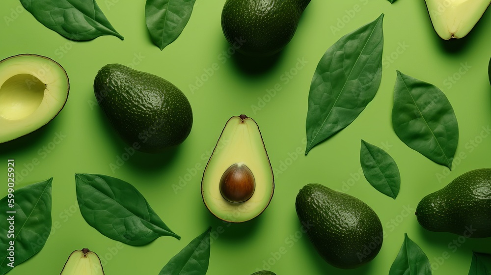 Wall mural fresh avocado pattern on a green background flat lay generative ai