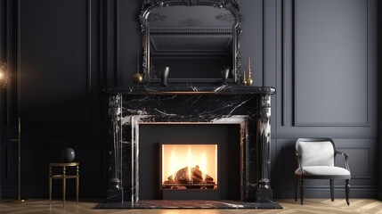 A classic interior is in dark tones with fireplace. Generative Ai - obrazy, fototapety, plakaty