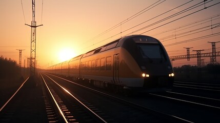 Fototapeta na wymiar High speed train silhouette in motion at sunset. Fast moving modern passenger train on railway platform Generative AI