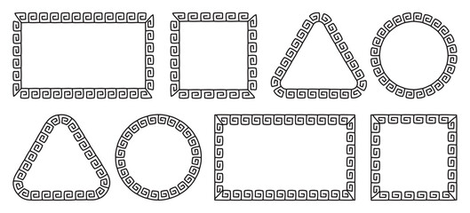 Frames with seamless greek meander pattern. Decorative borders constructed from continuous lines, shaped into repeated motif. Hand drawn doodle vector illustrations Isolated on white background