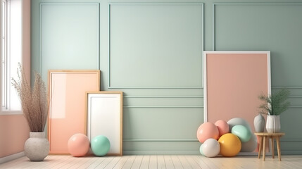 Frame mockup in minimalist modern interior background, 3d render. Generative Ai