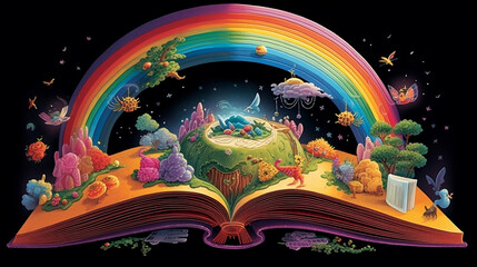 Obraz premium Open Magic book with Rainbow. Generative AI. The Magic Book