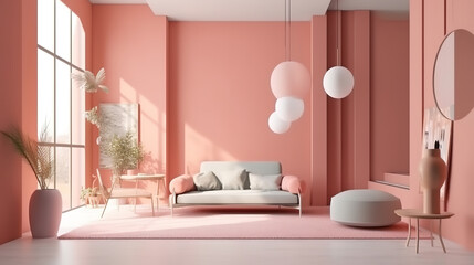 Home interior mockup, living room in pastel colors, 3d render. Generative Ai