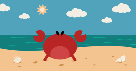 Crab on the beach enjoying the summer. Elements crab, sun, clouds, shells. Beach background 