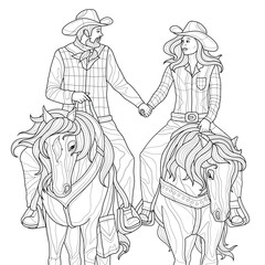 Fototapeta na wymiar Two cowboys on horseback.Coloring book antistress for adults. Illustration isolated on white background.Zen-tangle style. Hand draw