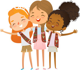 Happy multi ethnic multi aged girls scout hug. Girls Scout happily hug and smile. Girl together. Brownie Girls Scout Uniform