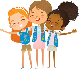 Happy multi ethnic multi aged girls scout hug. Girls Scout happily hug and smile. Girl together. Junior Girls Scout Uniform