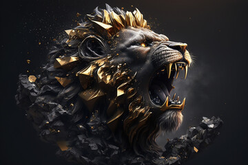  creative golden burning lion king head black style with soft mane and dark background. Generative AI. - obrazy, fototapety, plakaty