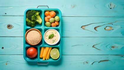 A Rainbow of Nutrition: Top-View of Healthy Meal on Pastel Blue Tray