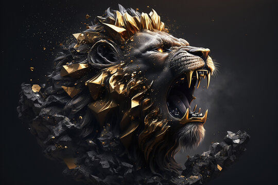  creative golden burning lion king head black style with soft mane and dark background. Generative AI.