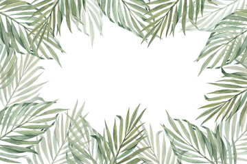 Tropical palm leaves watercolor frame. Hand drawn jungle design clipart. Template for the design of presentations, postcards, invitations, printing on products. Illustration without background