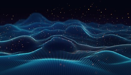 Data technology background with dots and binary code on 3D wave landscape. Big data and science, computing, digital processing and storage, virtual reality, cyberspace, metaverse, high speed internet