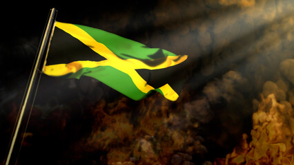 soft focus Jamaica flag on smoke with sun rays bg - disaster concept - abstract 3D rendering