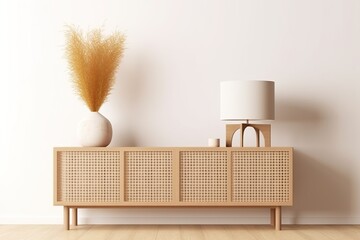 Interior wall mockup in minimalist Japandi style with light biege wooden console, dried pampas grass and wicker basket lamp on empty warm white background. Close up view, 3d rendering