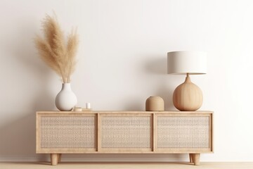 Interior wall mockup in minimalist Japandi style with light biege wooden console, dried pampas grass and wicker basket lamp on empty warm white background. Close up view, 3d rendering