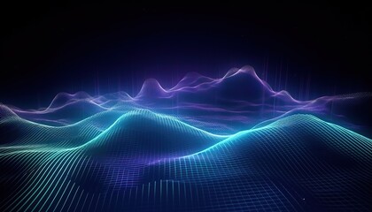 Technology background with connected dots on 3D wave landscape. Data science, particles, digital world, virtual reality, cyberspace, metaverse concept - obrazy, fototapety, plakaty