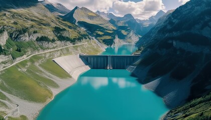 Water dam and reservoir lake in Swiss Alps mountains producing sustainable hydropower, hydroelectricity generation, renewable energy to limit global warming, aerial view, decarbonize, summer - obrazy, fototapety, plakaty