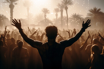 Fototapeta na wymiar Party people. A young man stands with raised hands. Night dance party in a beach among palm trees. Crowd of thousands of people dance with their hands raised. Generative AI