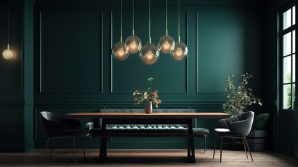 Cozy modern dining room interior in dark green colors. Generative Ai