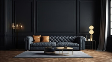 Frame mockup in home interior, luxury modern dark living room. Generative Ai
