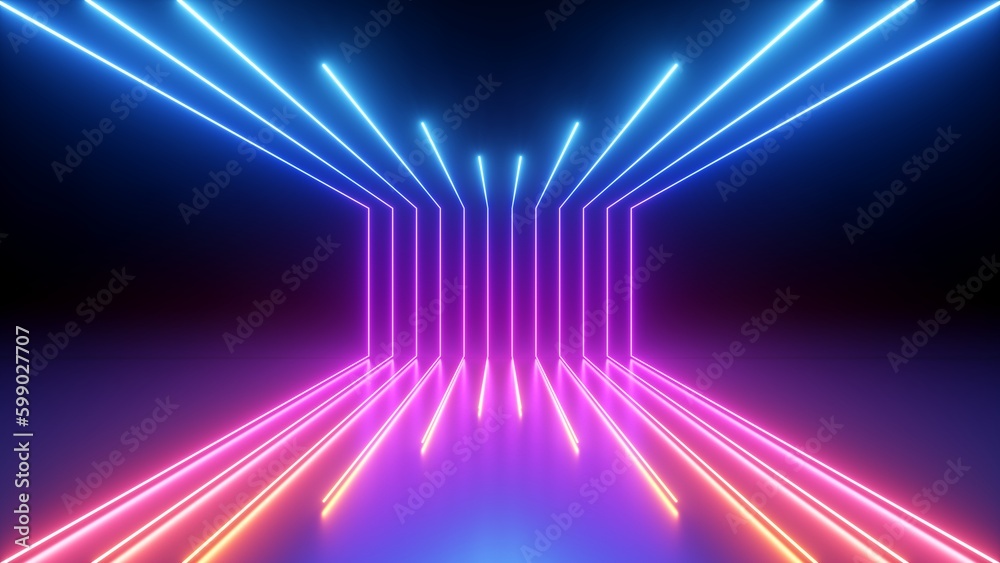 Wall mural 3d rendering. abstract geometric background of colorful neon lines glowing in the dark. futuristic w