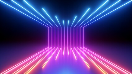 3d rendering. Abstract geometric background of colorful neon lines glowing in the dark. Futuristic wallpaper