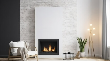 Mock up poster in modern home interior with fireplace, Scandinavian style. Generative Ai
