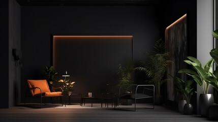 Poster mockup in modern dark interior background, 3d render, Bright color. Generative Ai