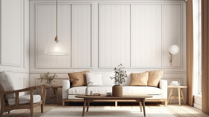 Fototapeta na wymiar Wall mock up in white simple farmhouse living room interior. Generative Ai