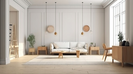 Minimal living room with white sofa and carpet. Generative Ai