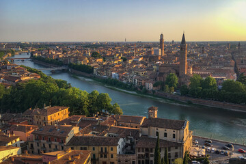 Fototapeta na wymiar Cityscape and panoramic view at the Italian city of Verona with adige river from Castel San Pietro