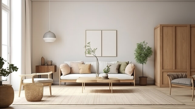 Minimal living room with white sofa and carpet. Generative Ai