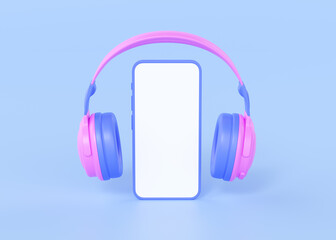 Portable headphones with phone and music notes 3d render illustration - wireless earphone, smartphone with white display