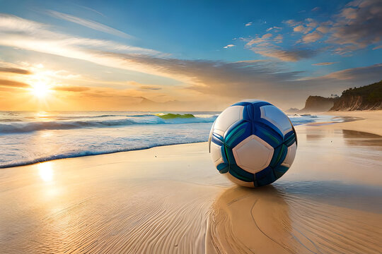 A soccer ball on a sandy beach, with waves crashing in the background