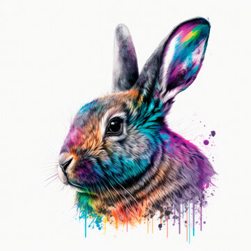 Illustration of a rabbit in watercolor and violet shades of paint