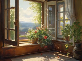 painting of a window showing flowers Generative Ai