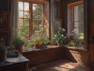 Fototapeta na wymiar painting of a window showing flowers Generative Ai
