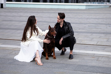 young couple walks in the spring in the city with a chocolate doberman