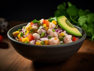 ceviche with chunks of fresh fish and diced vegetables in a bowl