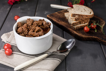 Beef meat stew in ceramic pot.